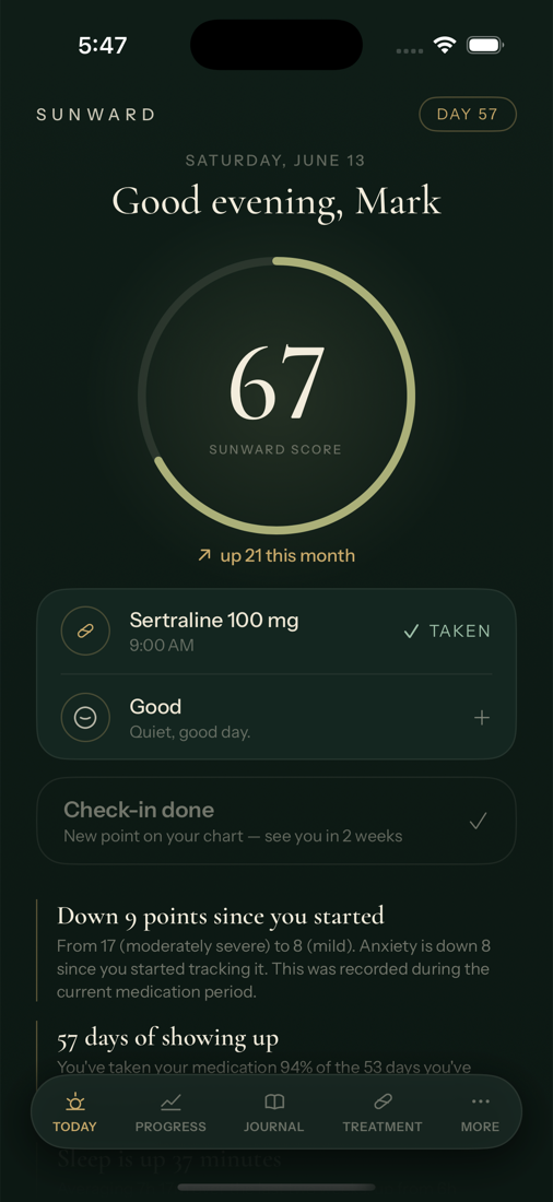 Sunward's Today screen in dark mode showing the Sunward Score